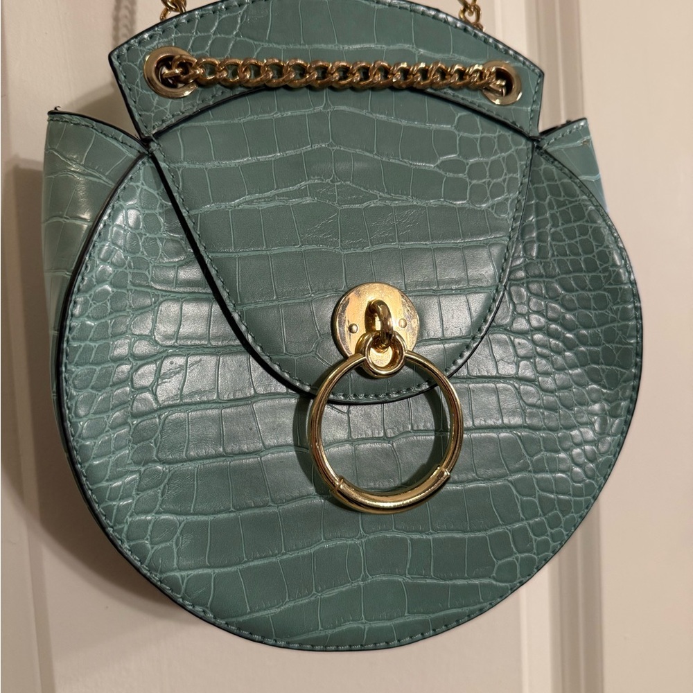 Elegant Green Croc-Embossed Bag with Gold Accents